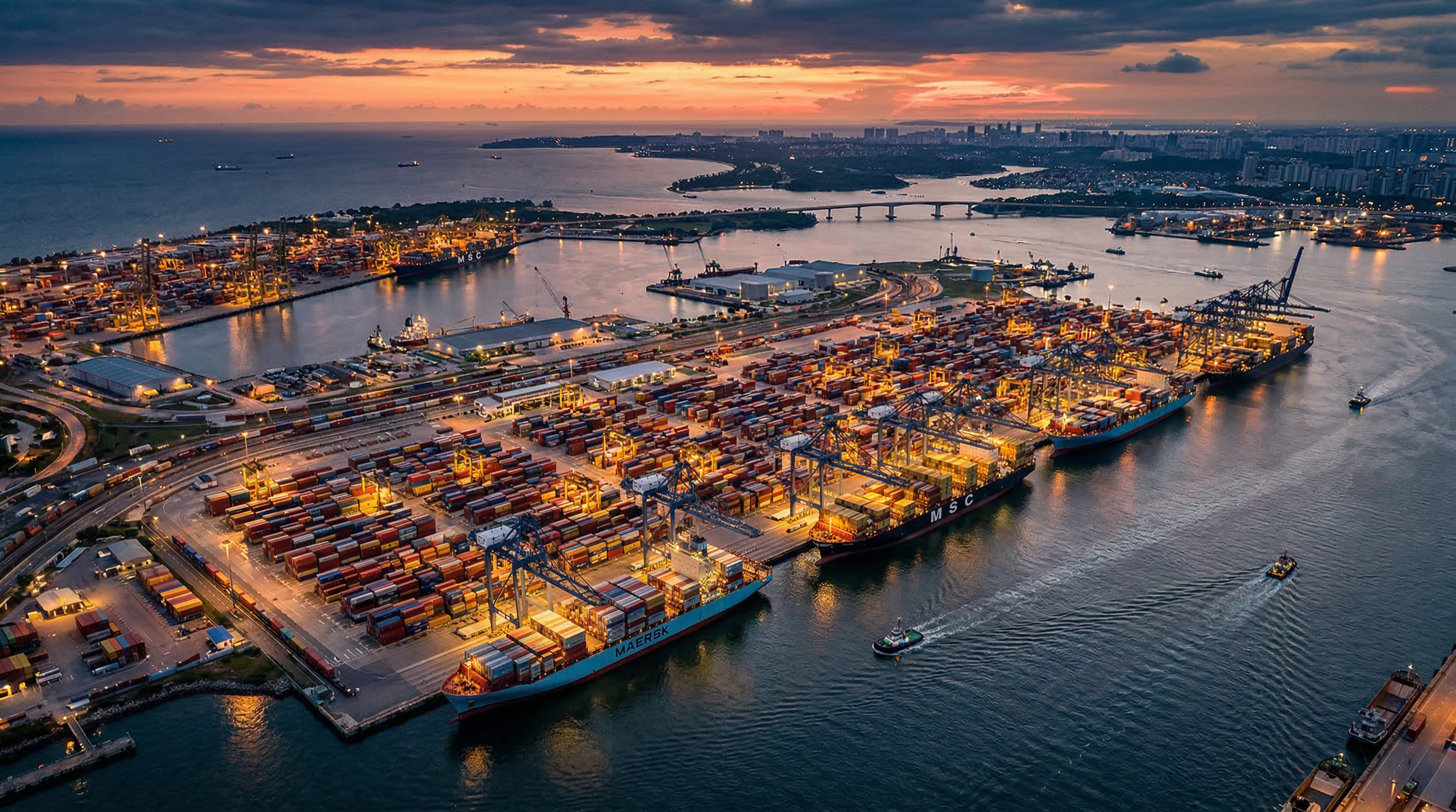 International port at dusk with container ships representing global trade operations